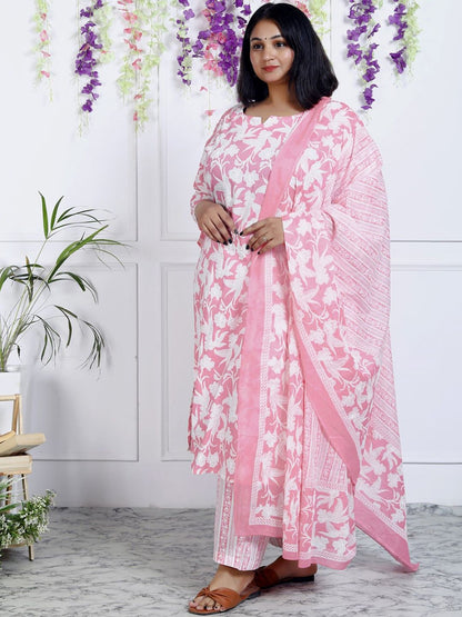 Dhiyona KL Women Floral Printed Regular Sequinned Pure Cotton Kurta with Trousers & With Dupatta