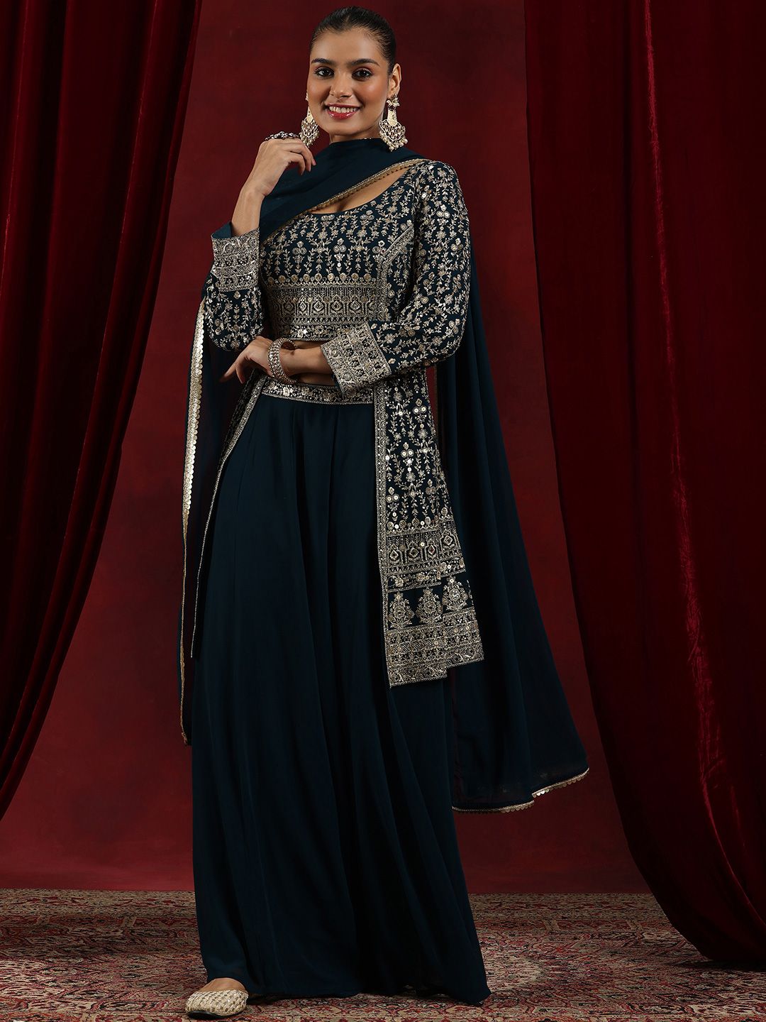 Dhiyona LL Floral Embroidered Sequined Kurta With Palazzos & Dupatta