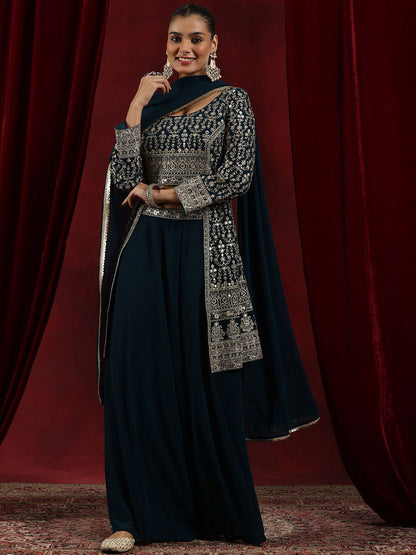 Dhiyona LL Floral Embroidered Sequined Kurta With Palazzos & Dupatta