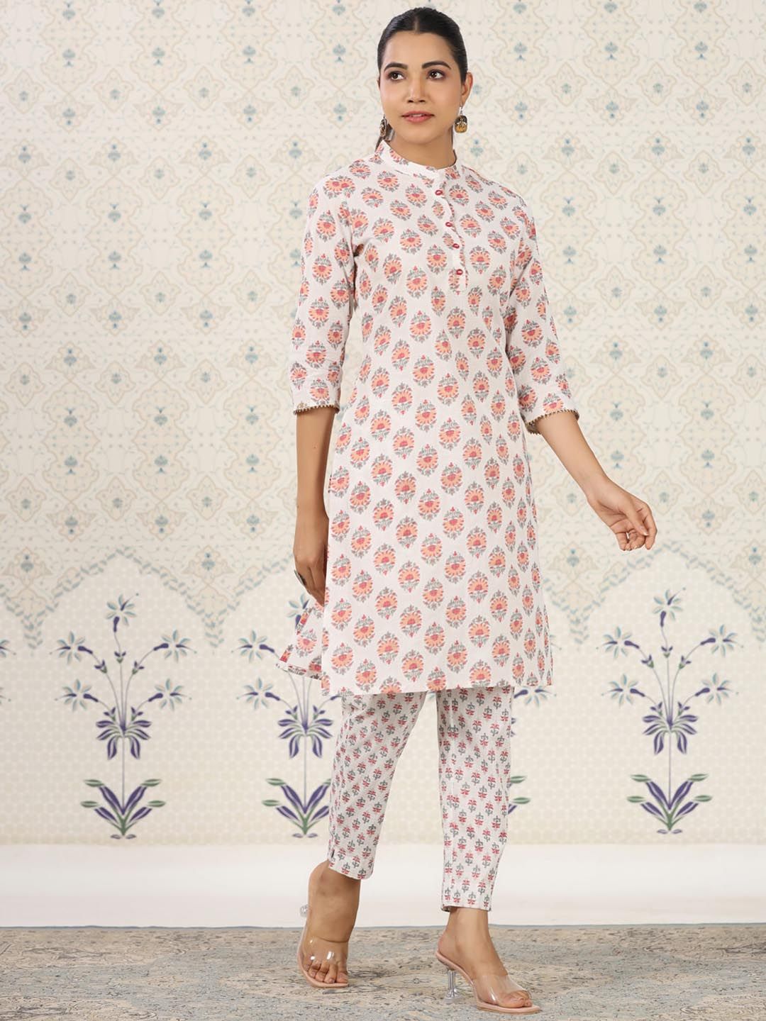 Dhiyona OD  Ethnic Motifs Printed Band Collar Pure Cotton Kurta with Trousers