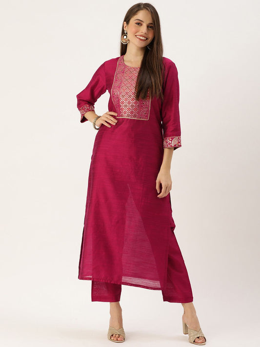 Dhiyona VA Women's Magenta Pink Yoke Woven Design Kurta with Trousers