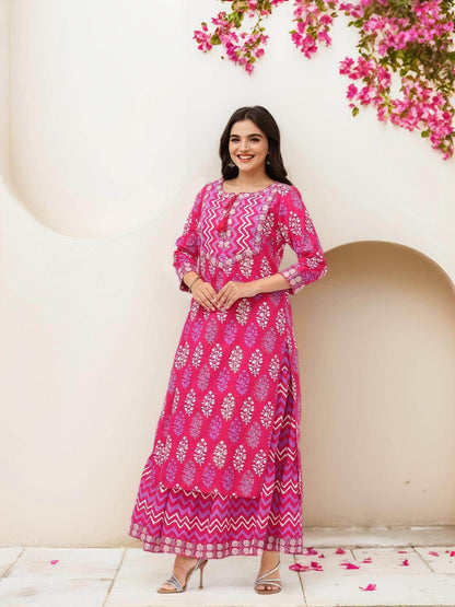 Dhiyona IS Women's Ethnic Motifs Printed Thread Work Pure Cotton Straight Kurta With Skirt