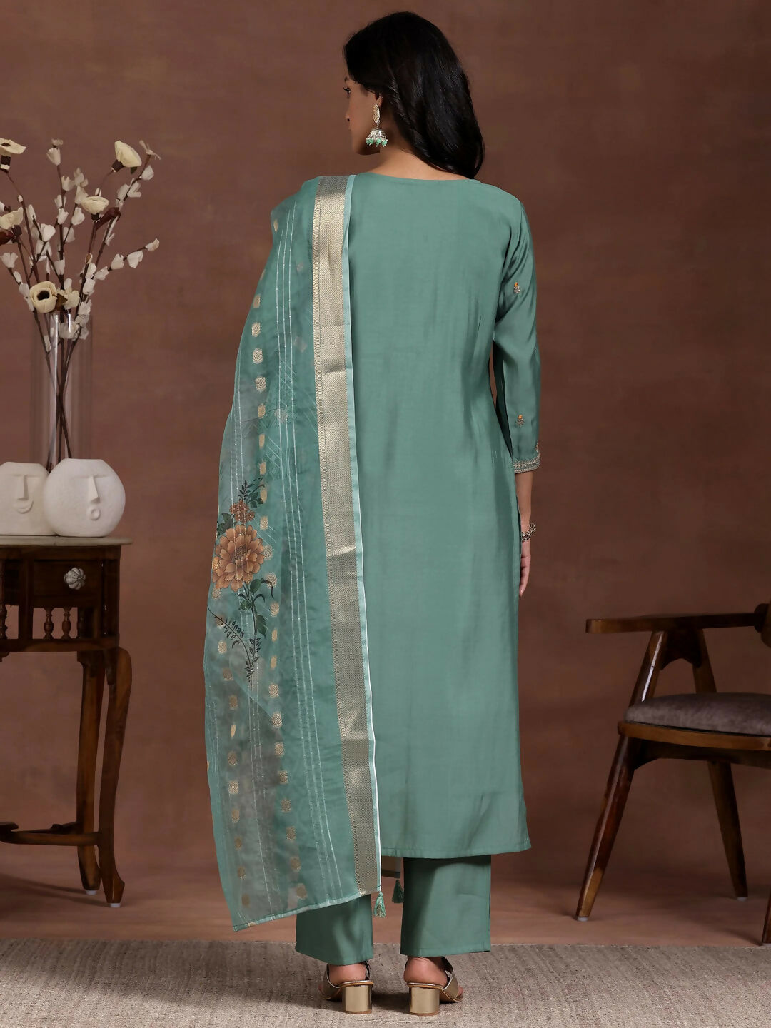 Women's LB Green Embroidered Silk Blend Straight Suit With Dupatta