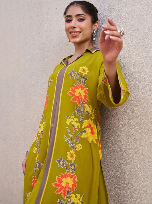 Women Floral Printed Shirt Collar Straight Kurta with Palazzos