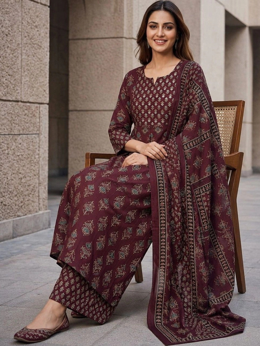 Women Ethnic Motifs Printed Regular Pure Cotton Kurta with Trousers & With Dupatta