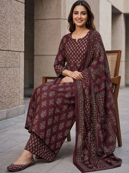 Women Ethnic Motifs Printed Regular Pure Cotton Kurta with Trousers & With Dupatta
