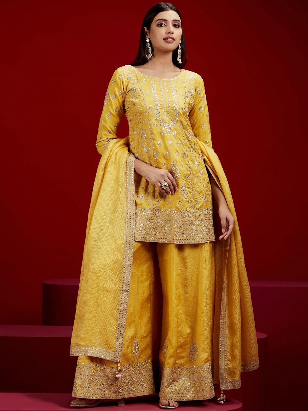 Dhiyona LL Floral Embroidered Sequinned Pure Silk Kurti with Palazzos & With Dupatta