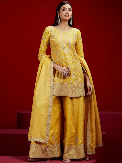 Dhiyona LL Floral Embroidered Sequinned Pure Silk Kurti with Palazzos & With Dupatta
