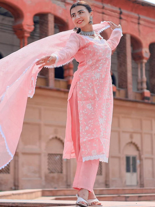 Women Floral Embroidered Regular Thread Work Kurta with Trousers & With Dupatta