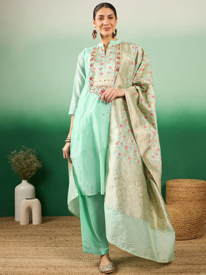 Sea Green Floral Yoke Design Zari Straight Kurta With Trousers & Dupatta