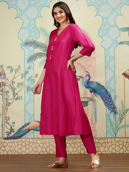 Dhiyona IS Women's Printed V-Neck Three-Quarter Sleeves Kurta with Trousers & With Dupatta