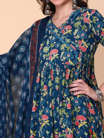 Dhiyona IS Women's Floral Printed V-Neck Three-Quarter Sleeves Pure Cotton Kurta Set