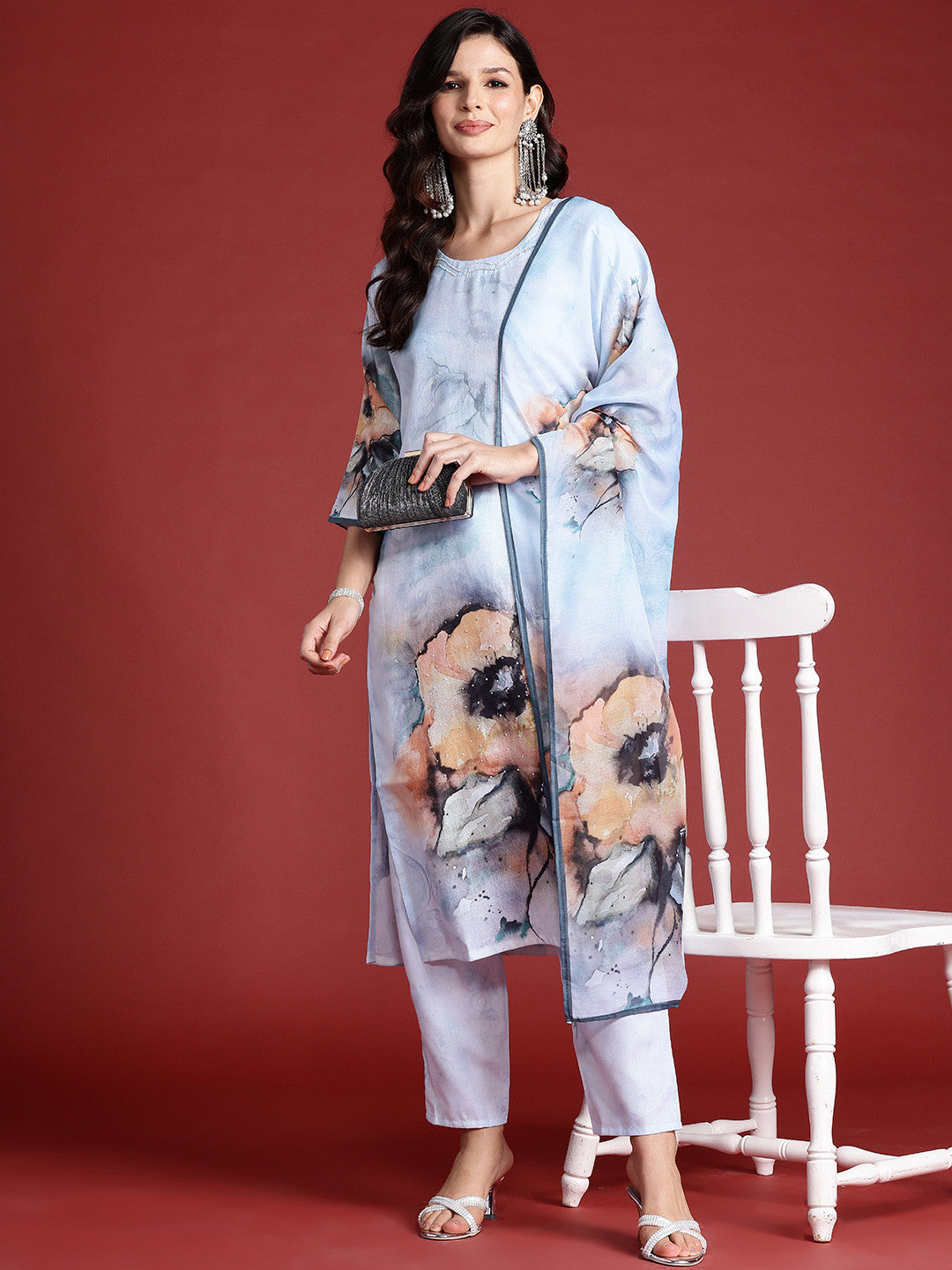 Floral Printed Beads & Stones Chanderi Silk Kurta With Trousers & Dupatta