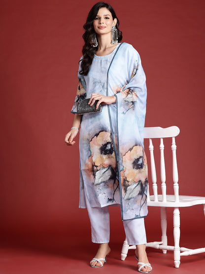 Floral Printed Beads & Stones Chanderi Silk Kurta With Trousers & Dupatta