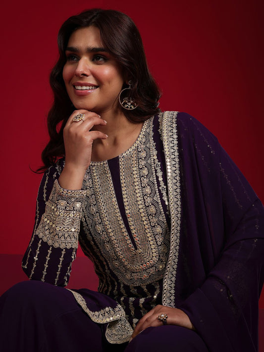 Dhiyona LL Floral Embroidered Georgette Straight Kurti With Palazzos & Dupatta