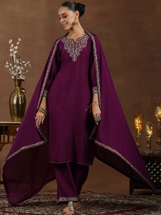 Floral Yoke Design Notch Neck Puffed Sleeves Straight Kurta With Palazzos & Dupatta