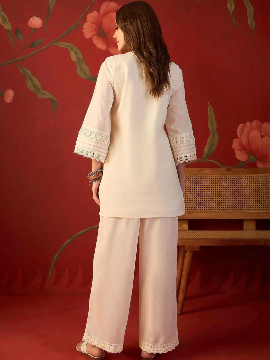 Cream schiffli embroidered cotton tunic and pants