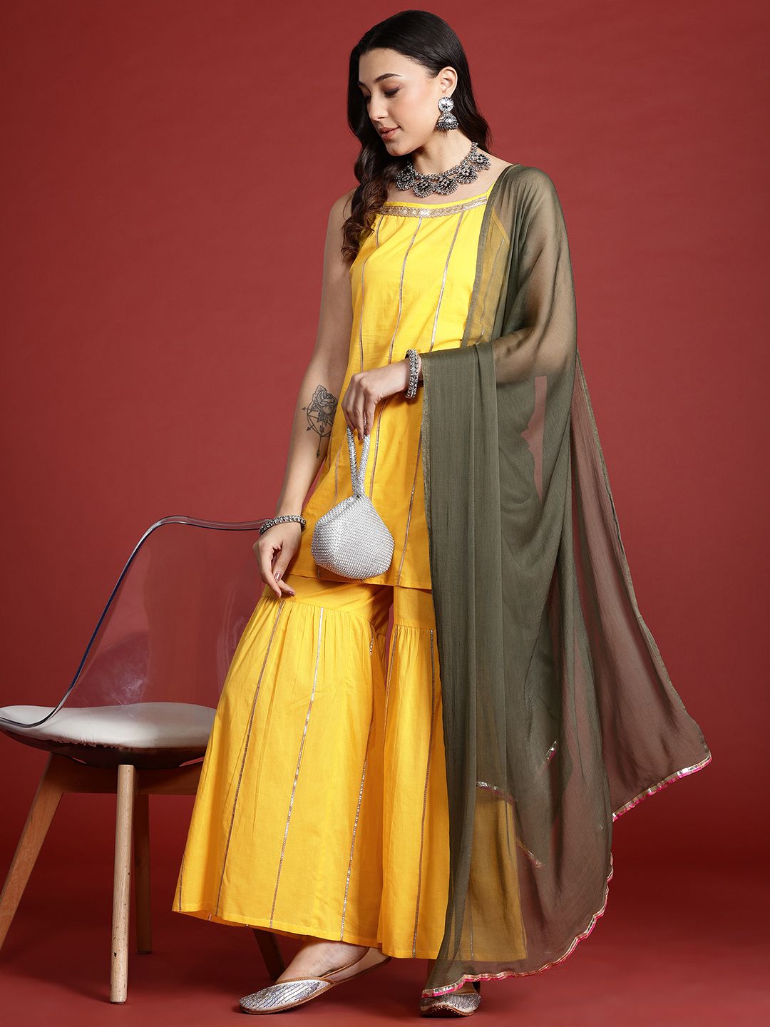 Dhiyona AN Tyohar Collection Gotta Patti Pure Cotton Kurti with Sharara & Dupatta