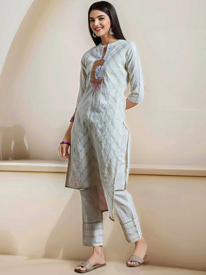 Dhiyona IS Women's Striped Yoke Design Mandarin Collar Pure Cotton Straight Kurta With Trousers