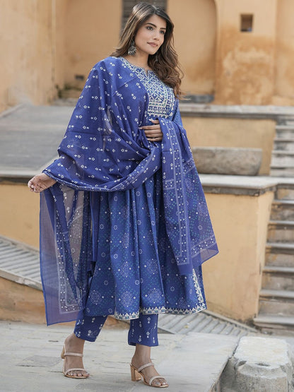 Dhiyona KL Notch Neck Bandhani Embroidered Regular Thread Work Pure Cotton Kurta Set