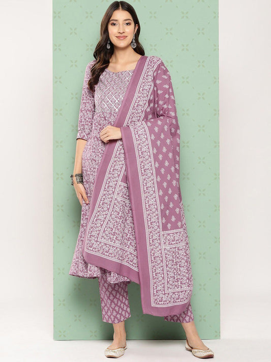 Dhiyona KL Ethnic Motifs Printed Pure Cotton Anarkali Kurta with Trousers & Dupatta