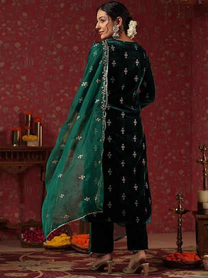 Dhiyona IS Women's Green Ethnic Motifs Embroidered Velvet Kurta With Trousers & Dupatta