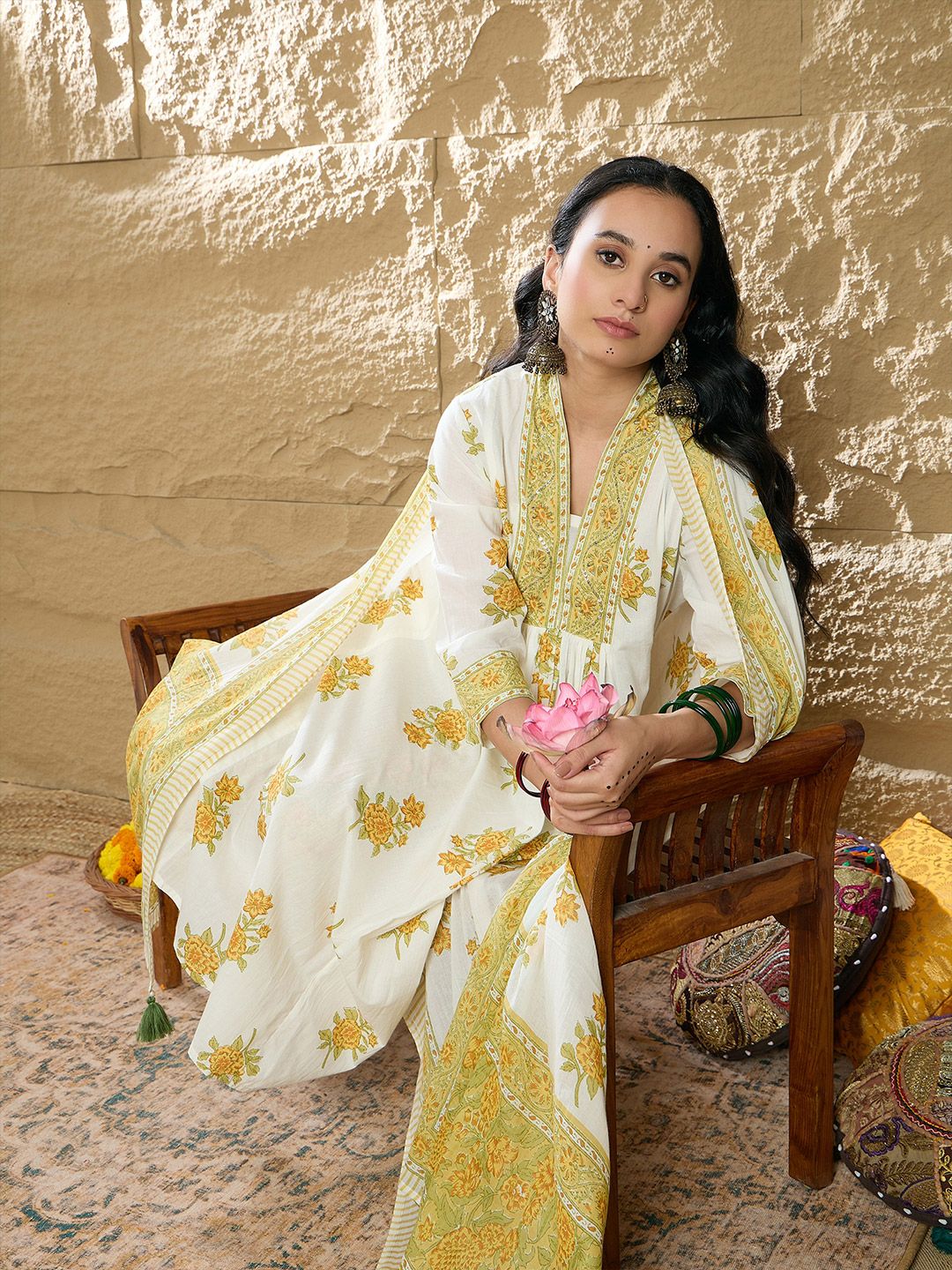 Dhiyona IE Floral Printed Pleated Beads and Stones Pure Cotton Kurta with Trousers & Dupatta