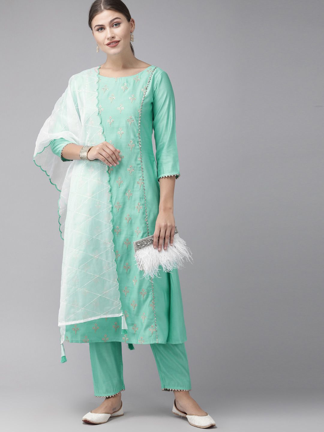 Dhiyona IE Women Sea Green & Beige Embroidered Kurta with Trousers & Dupatta