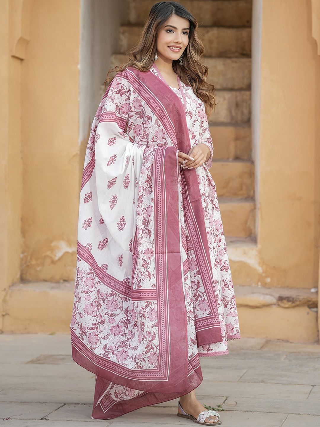 Dhiyona KL Floral Printed Regular Thread Work Pure Cotton Kurta with Trousers & Dupatta