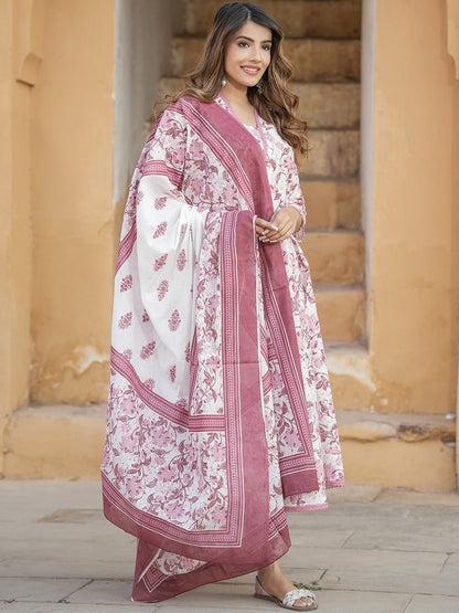 Dhiyona KL Floral Printed Regular Thread Work Pure Cotton Kurta with Trousers & Dupatta