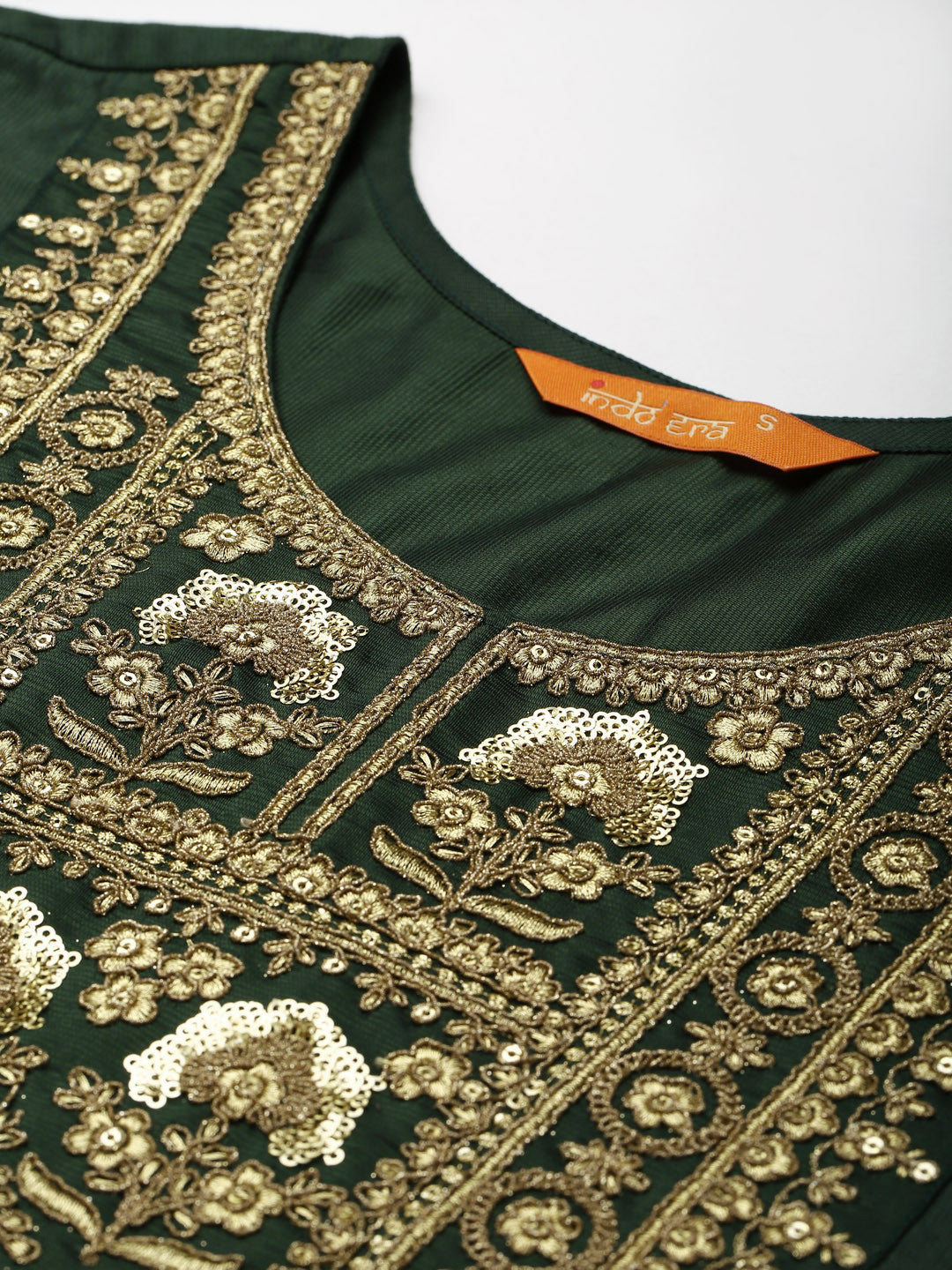 Women Green & Golden Ethnic Yoke Design Liva Kurta with Trousers & With Dupatta
