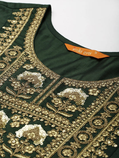 Women Green & Golden Ethnic Yoke Design Liva Kurta with Trousers & With Dupatta