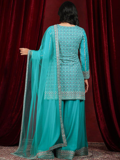 Dhiyona LL Floral Embroidered V-Neck Sequinned Straight Kurta With Palazzos & Dupatta