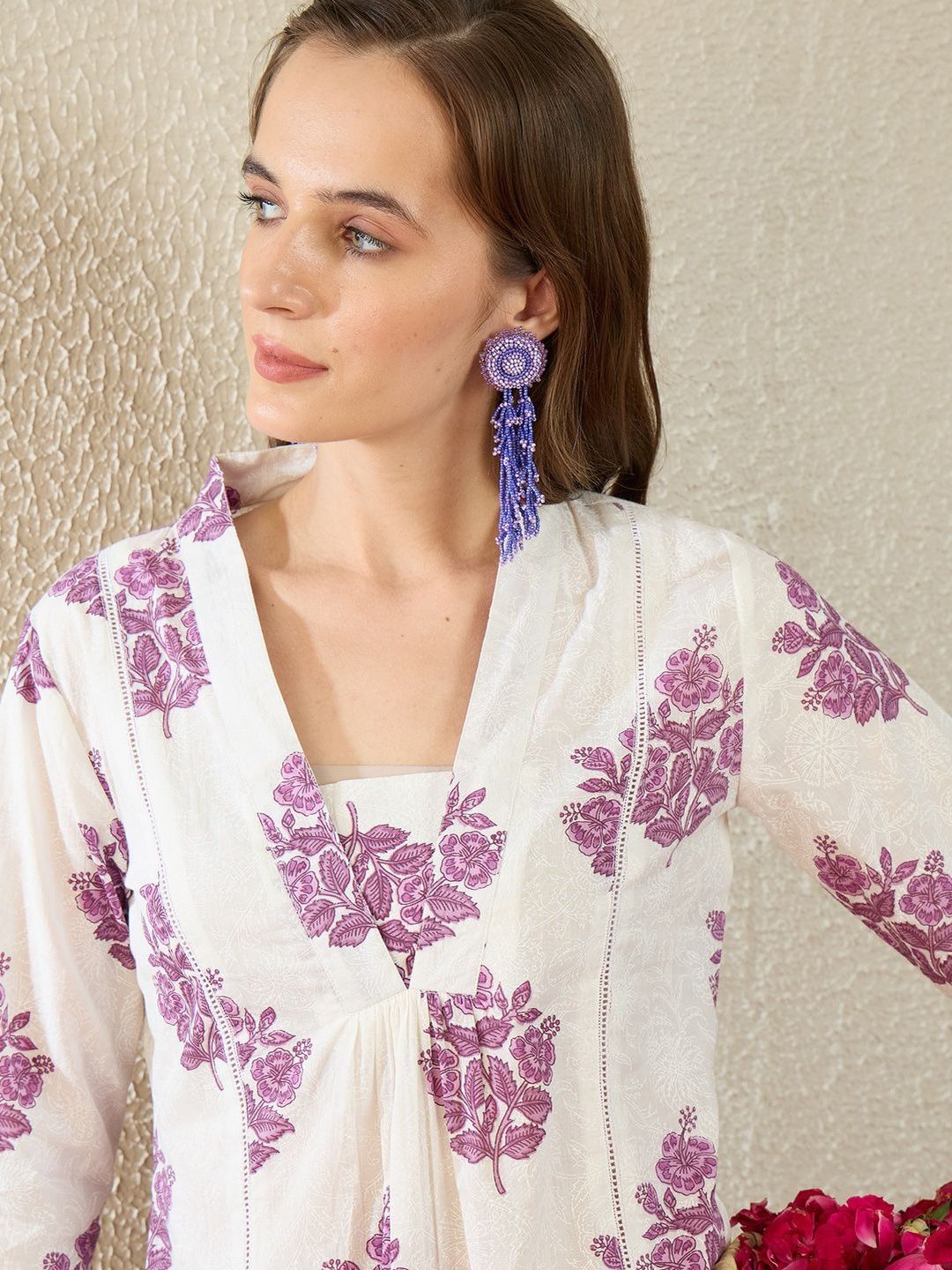 Dhiyona IE Printed V-Neck Three-Quarter Sleeves Pure Cotton Tunic And Trousers