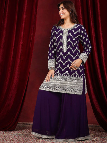 Dhiyona LL Embroidered Mirror Work Round Neck Kurta With Palazzos & Dupatta