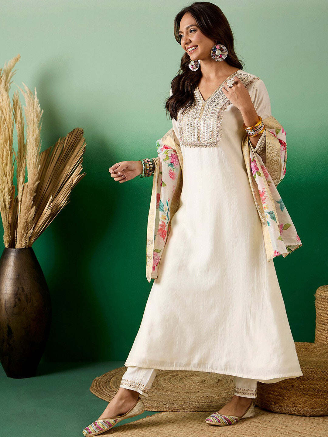 Off White Floral Embroidered Zari Sequence A-Line Kurta With Trouser & Dupatta