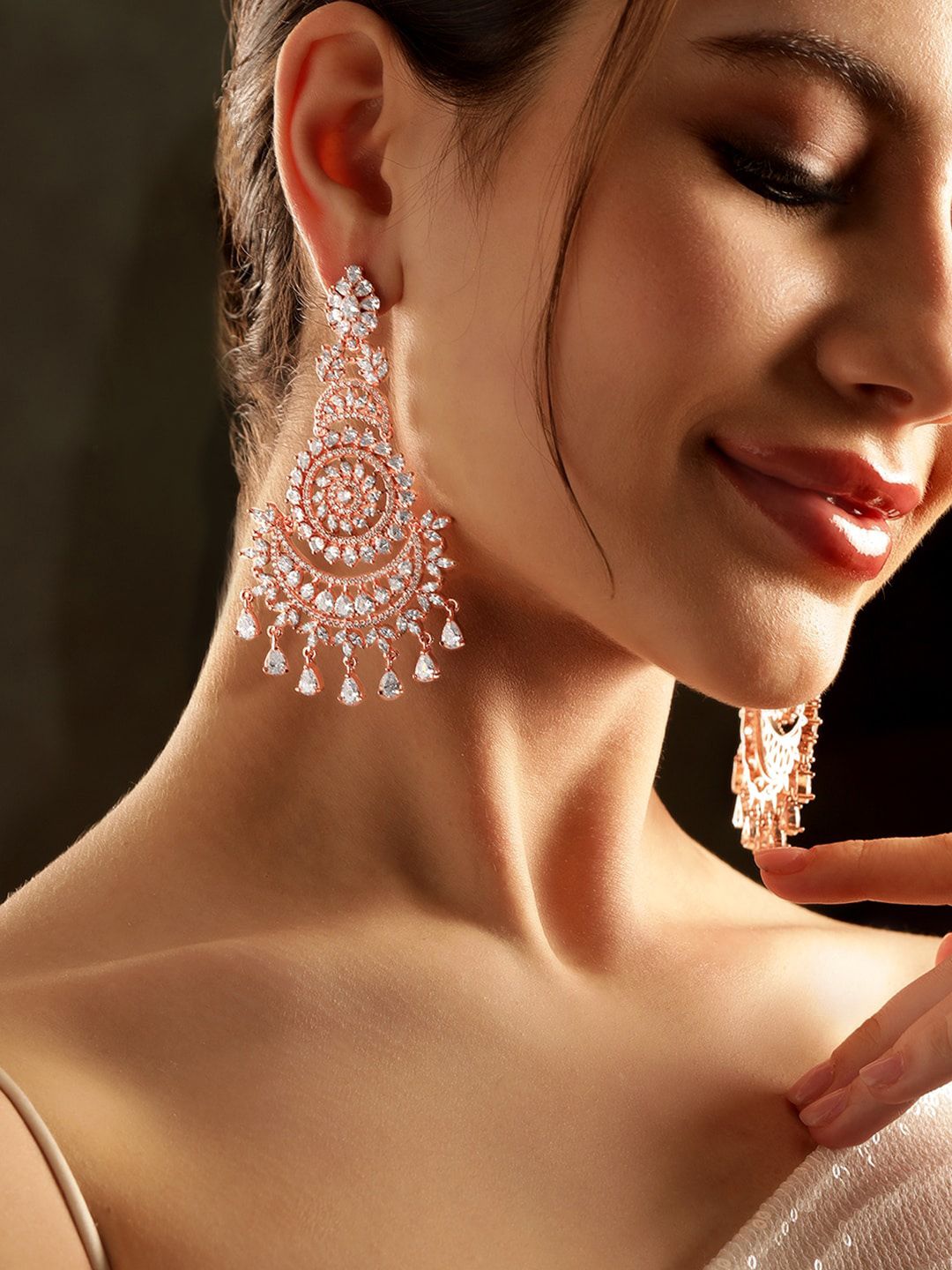 Dhiyona RJ Women's 22k Rose Gold Plated AAA Crystal Cubic Zirconia Studded Premium Chandelier Earrings