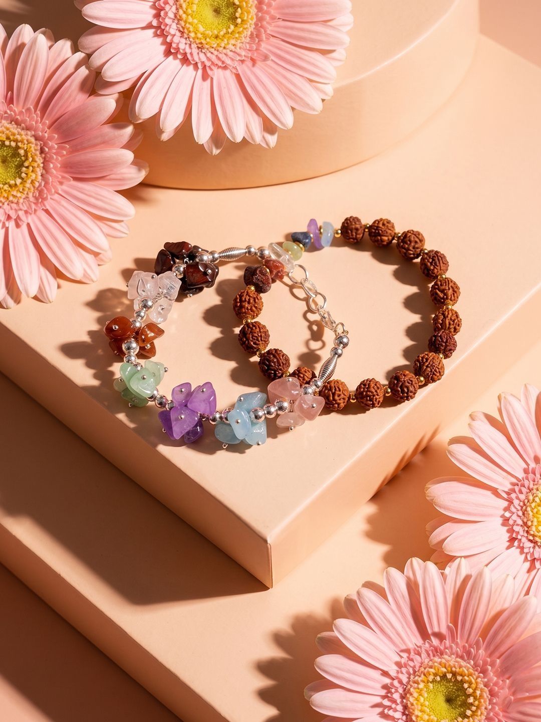 Dhiyona Set Of 2 Rudraksh & Seven Chakra Chip Bracelet Rakhi With Roli Chawal Chandan Mishri