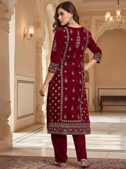 Maroon Women Ethnic Motifs Printed Regular Thread Work Velvet Kurta with Trousers