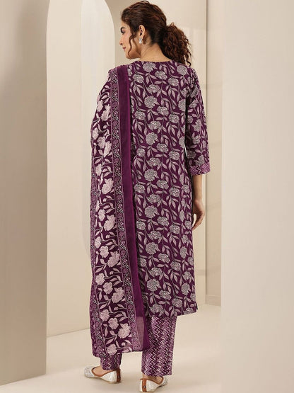 Women Floral Printed Regular Thread Work Kurta with Trousers & With Dupatta