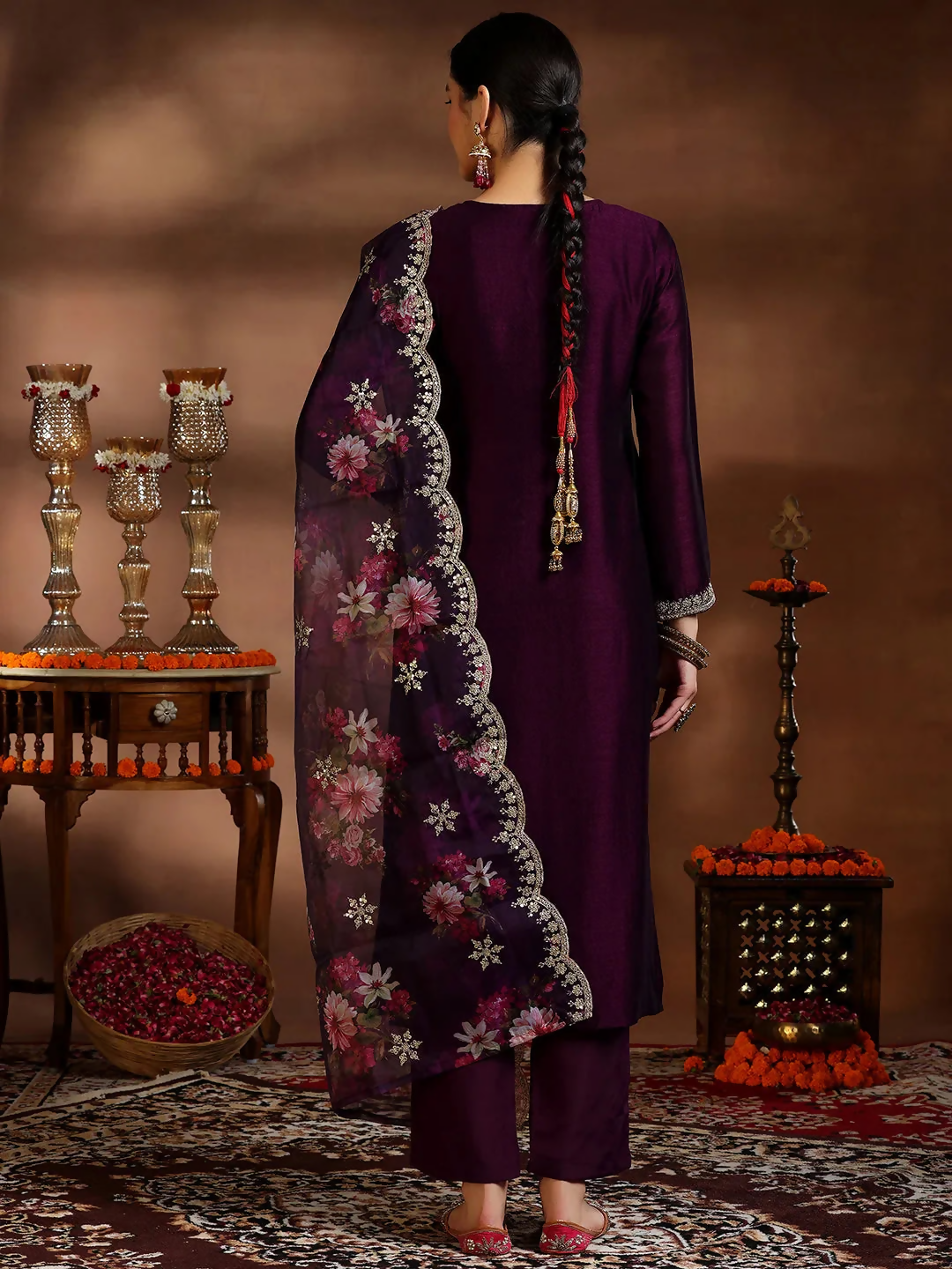 Women's LB Wine Embroidered Silk Blend Straight Suit With Dupatta