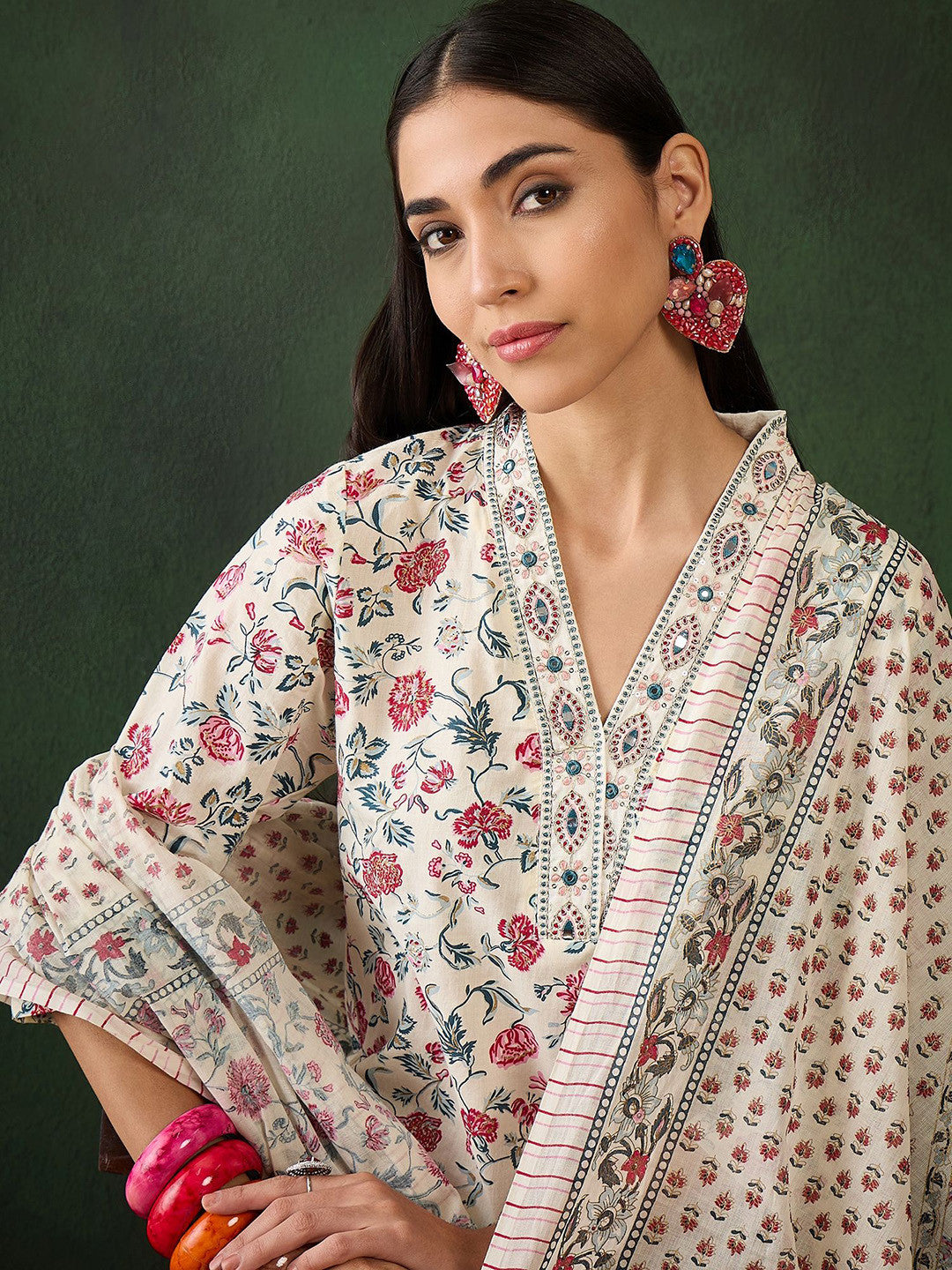 Floral Printed Mirror Work Pure Cotton Kurta & Trousers With Dupatta