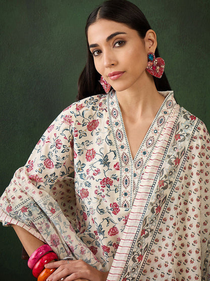 Floral Printed Mirror Work Pure Cotton Kurta & Trousers With Dupatta