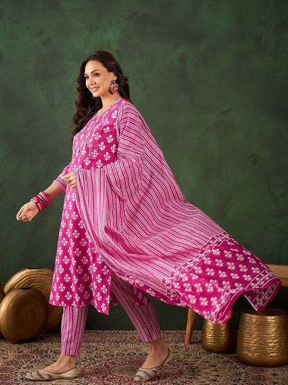 Floral Printed Pure Cotton Kurta With Trousers & Dupatta