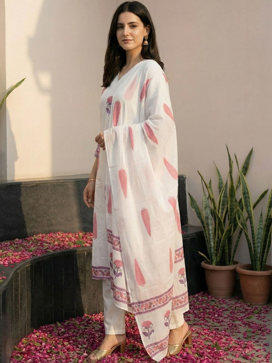 Women Ethnic Motifs Printed Regular Pure Cotton Kurta with Trousers & With Dupatta