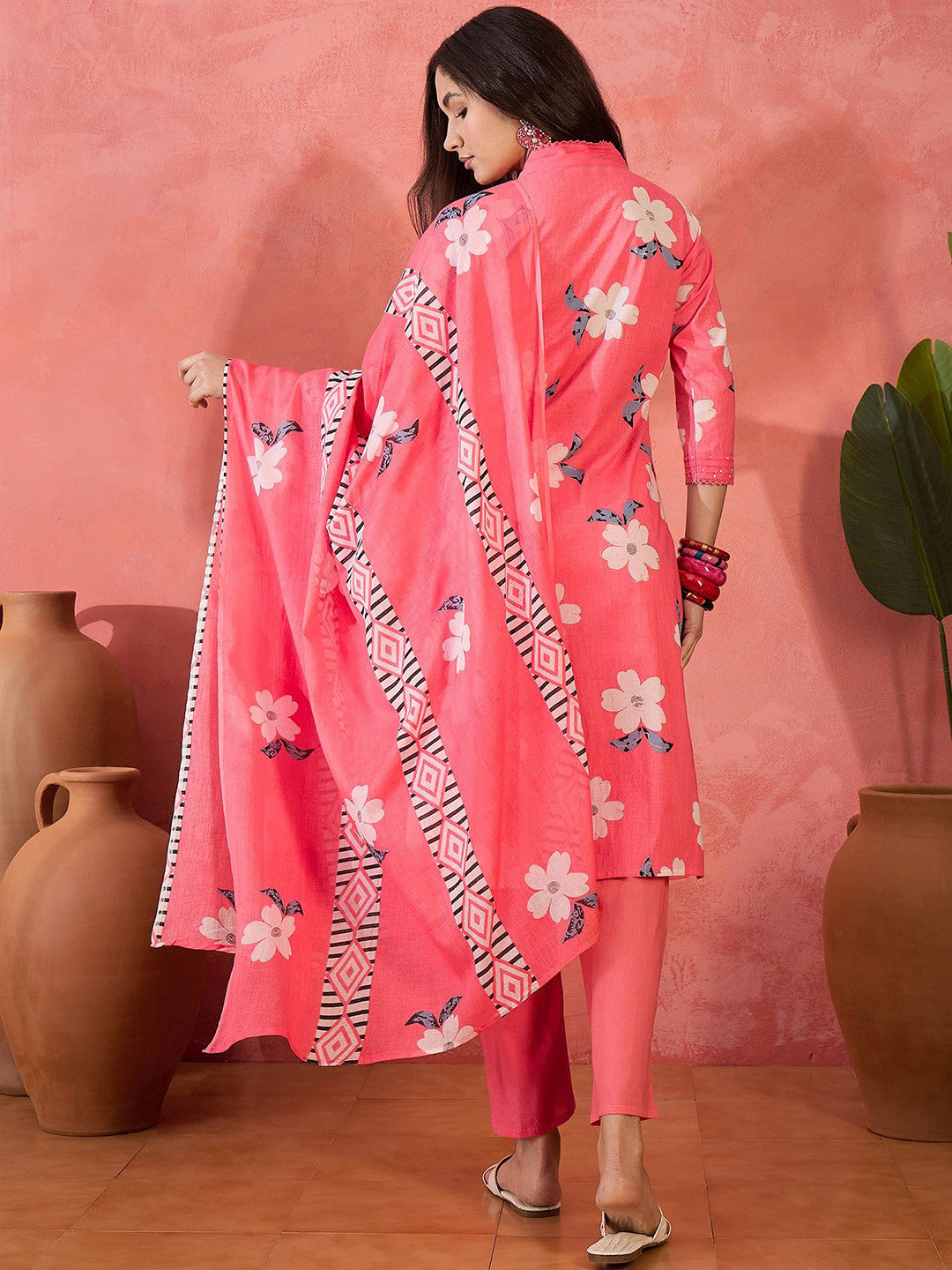 Floral Printed Pure Cotton Straight Kurta & Trousers With Dupatta