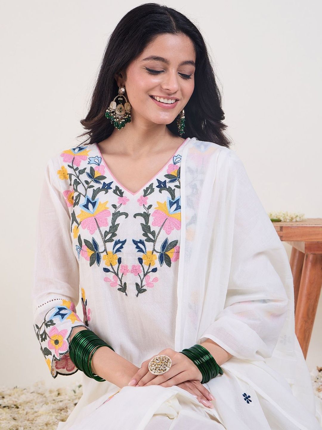 Floral Embroidered Thread Work Pure Cotton Kurta With Trousers & Dupatta