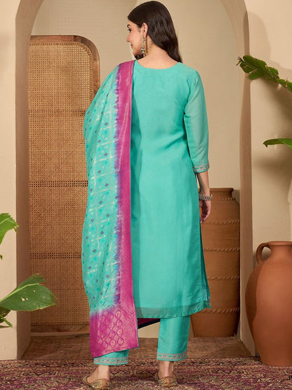 Women Ethnic Motifs Embroidered Regular Thread Work Kurta with Trousers & With Dupatta
