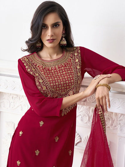 Dhiyona IN Floral Embroidered Round Neck Georgette Straight Kurta With Palazzos & Dupatta