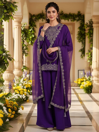Dhiyona KL Floral Embroidered Regular Sequinned Straight Kurti with Palazzos & Dupatta